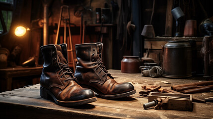 old leather boots on a wooden table, against the backdrop of a workshop