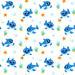 Seamless cute pattern with shark underwater world