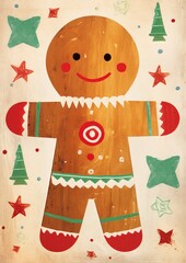 Whimsical Children's Christmas card featuring a delightful close-up illustration of a smiling Gingerbread Man
