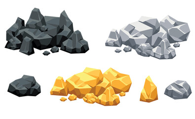 Gold coal mine game cave rock diamond isolated set. Vector flat graphic design illustration	