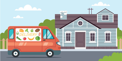 Food delivery truck van near door house address concept. Vector graphic design illustration 
