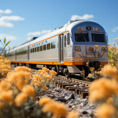 Fototapeta premium train travel, eco conscious, local adventure, tourism concept. orange train on railway on blurred autumn background. square