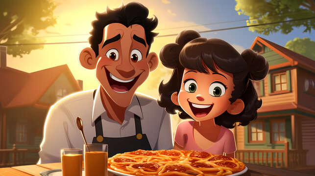 Happy family boy eats delicious juicy pizza on a sunny day illustration.