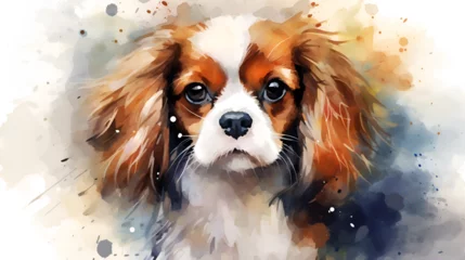 Foto op Aluminium watercolor portrait tricolor cute cavalier king charles spaniel puppy © l1gend