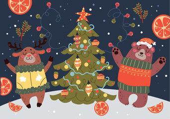 Forest cute animal near christmas tree winter xmas Merry Christmas Happy New Year concept. Vector graphic design illustration
