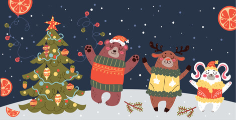 Forest cute animal near christmas tree winter xmas Merry Christmas Happy New Year concept. Vector graphic design illustration
