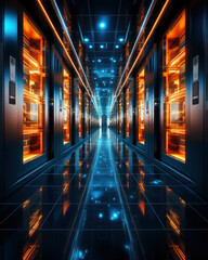 New future technology, futuristic environments, cyber space. science, development background. huge spaces with servers in blue color. Copy space.