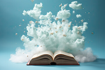An open book with clouds coming out of it