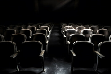 Empty cinema hall with red seats. Movie theatre. Neural network AI generated art