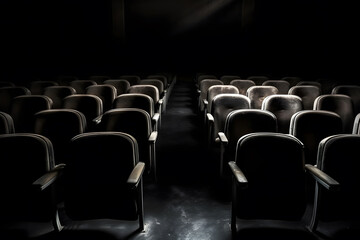 Fototapeta premium Empty cinema hall with red seats. Movie theatre. Neural network AI generated art