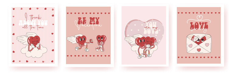 Collection of Happy Valentine's Day greeting cards or posters in funky groovy style. Cartoon romantic 60s, 70s vector illustrations with lovely hearts characters and text. Valentine's day invitation.