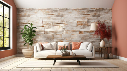 White sofa against terra cotta marble stone paneling wall with text space , Generative Ai