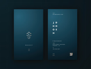 Vertical Business Card Editble Vector Template, luxurious and masculine with dark blue  backgrund and gold text, simple elegant clean