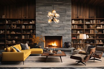 Luxurious and Sophisticated Living Room with Stunning Marble Wall Fireplace and Stylish Bookcase