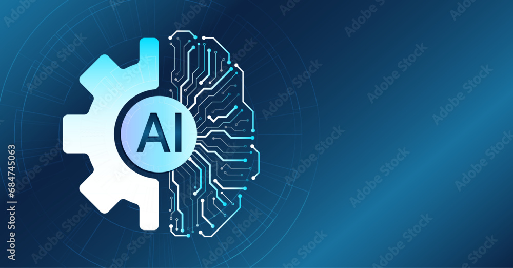 Aufkleber Gear and circuit board in the form of a human brain on a blue background. Data analysis, neural network. Artificial intelligence vector illustration. Technology background template.