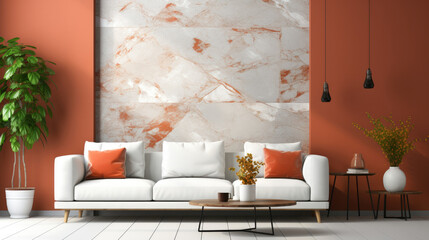 White sofa against terra cotta marble stone paneling wall with text space , Generative Ai