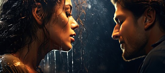A young beautiful girl and a young man are standing in the rain. Cinematic light. Generated by AI.