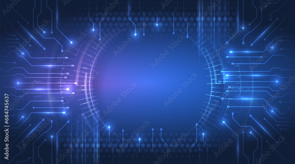 Aufkleber Digital internet communication on blue background. Wide Cyber security internet and networking concept. Hi-tech vector illustration with various technology elements. Abstract circuit board.