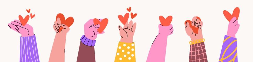 Hands hold hearts. Cartoon set of hands Valentine's Day, love, care, charity, help.Take care of yourself protection and kindness vector illustration