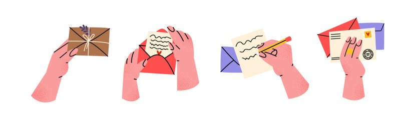 Hands write and send a letter. Hands hold envelopes, notes, documents, gifts. Male and female hands mail delivery set - obrazy, fototapety, plakaty
