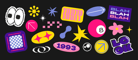Collection acid patches, stickers,labels, tags in 90s style y2k. Funky hipster groovy retrowave acid shapes	