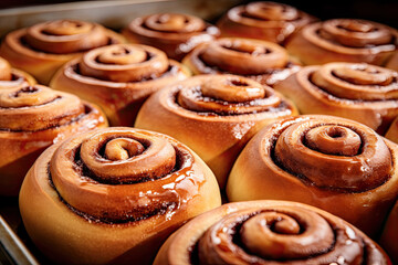 Fototapeta premium Cinnamon rolls on a tray are dressed with cinnamon sugar.
