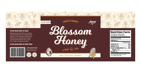 Honey label or packaging design template with bees, beehive and dipper