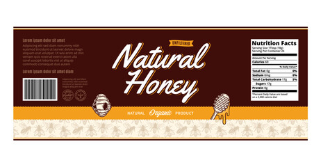 Honey label or packaging design template with bees, beehive and dipper