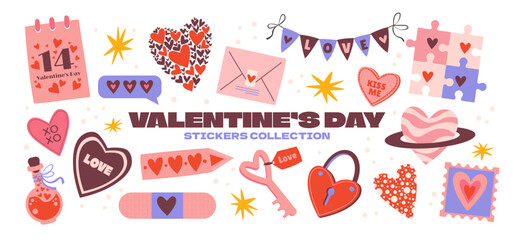Cartoon stickers for St. Valentine's Day on February 14 in retro 90s style. Romantic elements, love envelope, hearts,love, gifts. Vector shapes set. - obrazy, fototapety, plakaty