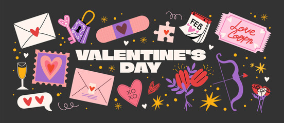 Cartoon stickers for St. Valentine's Day on February 14 in retro 90s style. Romantic elements, love envelope, hearts,love, gifts. Vector shapes set.