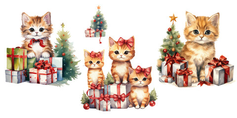 Cute Christmas cats with christmas trees and presents vectors