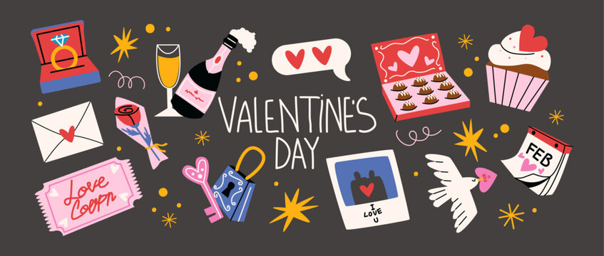 Cartoon stickers for St. Valentine's Day on February 14 in retro 90s style. Romantic elements, love envelope, hearts,love, gifts. Vector shapes set.