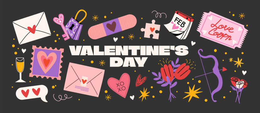 Cartoon stickers for St. Valentine's Day on February 14 in retro 90s style. Romantic elements, love envelope, hearts,love, gifts. Vector shapes set.
