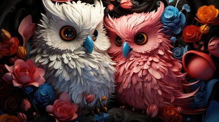 Owl, in the style of radiant neon illustrations , drip painting, silver and pink ,illustrations , Generative Ai