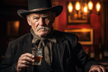 Old worn cowboy in a saloon holding a glass of whiskey - old west - western cowboy - senior man - mustache - obrazy, fototapety, plakaty