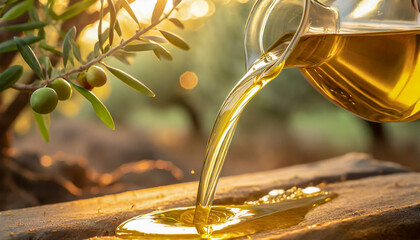 Olive oil pouring out of the bottle - obrazy, fototapety, plakaty