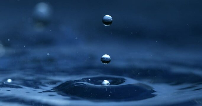 Super slow motion of dripping single drop of water is falling into liquid fluid surface splashing and making ripples filmed at 1000 fps.