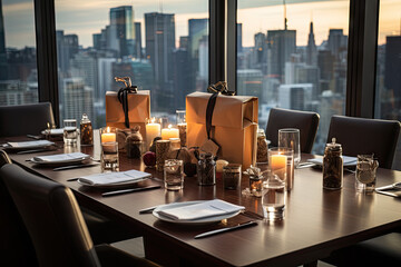 A dining table with a view of the city created with generative AI technology