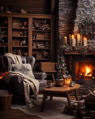 Cozy Home Christmas Decor, Christmas interior with fireplace