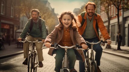 Famille homoparentale faisant du vélo avec leur fille en ville, piste cyclable