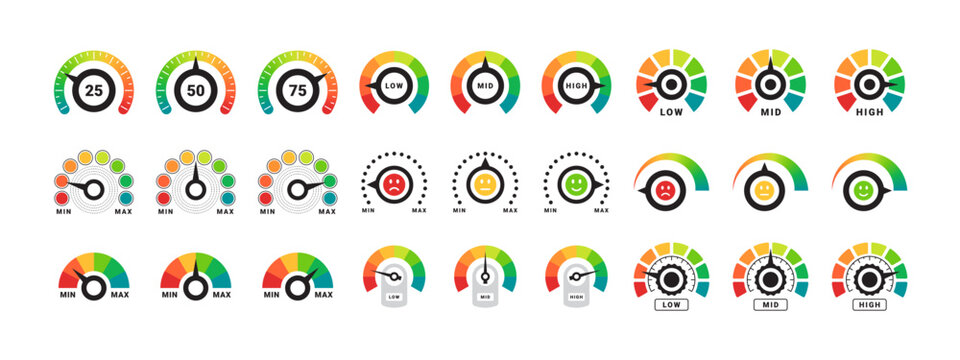 Risk Gauge Scale set. Performance indicator. Dashboard sign. Vector scalable graphics