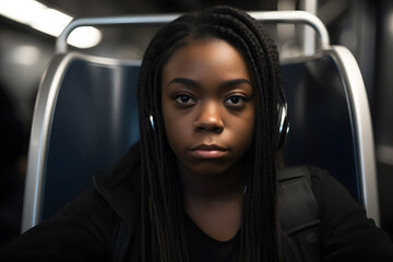 Happy young black woman sitting inside the underground listening to music. Neural network AI generated art