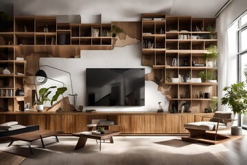 wooden shelves in a living space with modern furniture--