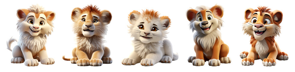 collection of 3d illustrations of cute lion cartoon characters, isolated on transparent background, generative ai - obrazy, fototapety, plakaty