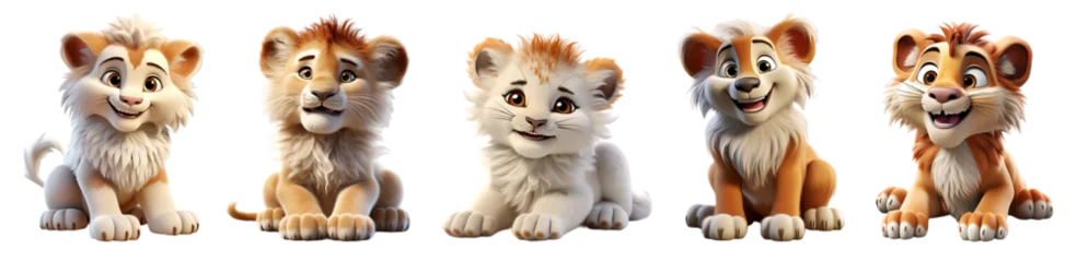 Tuinposter collection of 3d illustrations of cute lion cartoon characters, isolated on transparent background, generative ai © neng kokom komala