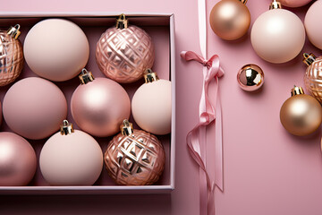 A box filled with pink and gold ornaments