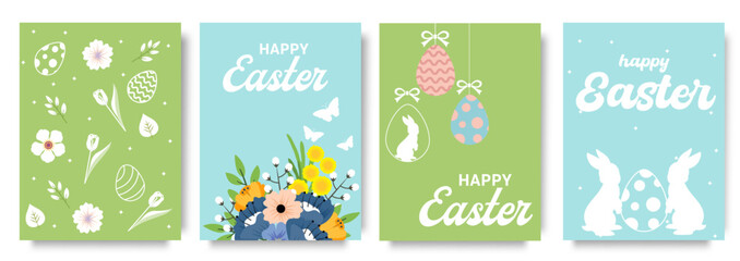 Set of trendy minimal Easter posters with bright beautiful flowers,rabbit,egg and modern typography. Spring background, cover, sale banner, flyer design. Template for advertising, web, social media.
