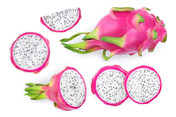 Dragon fruit, Pitaya or Pitahaya isolated on white background. Top view. Flat lay