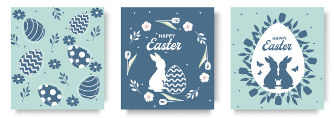 Happy Easter backgrounds, greeting cards, posters, holiday covers. Easter templates with typography and modern minimalist holiday style for web, social media, print. 