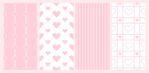 Collection of seamless patterns in pink and white color. Love patterns. Romantic backgrounds for Valentines. Endless texture for wallpaper, web page, wrapping paper. Scrapbooking, print, gift wrap